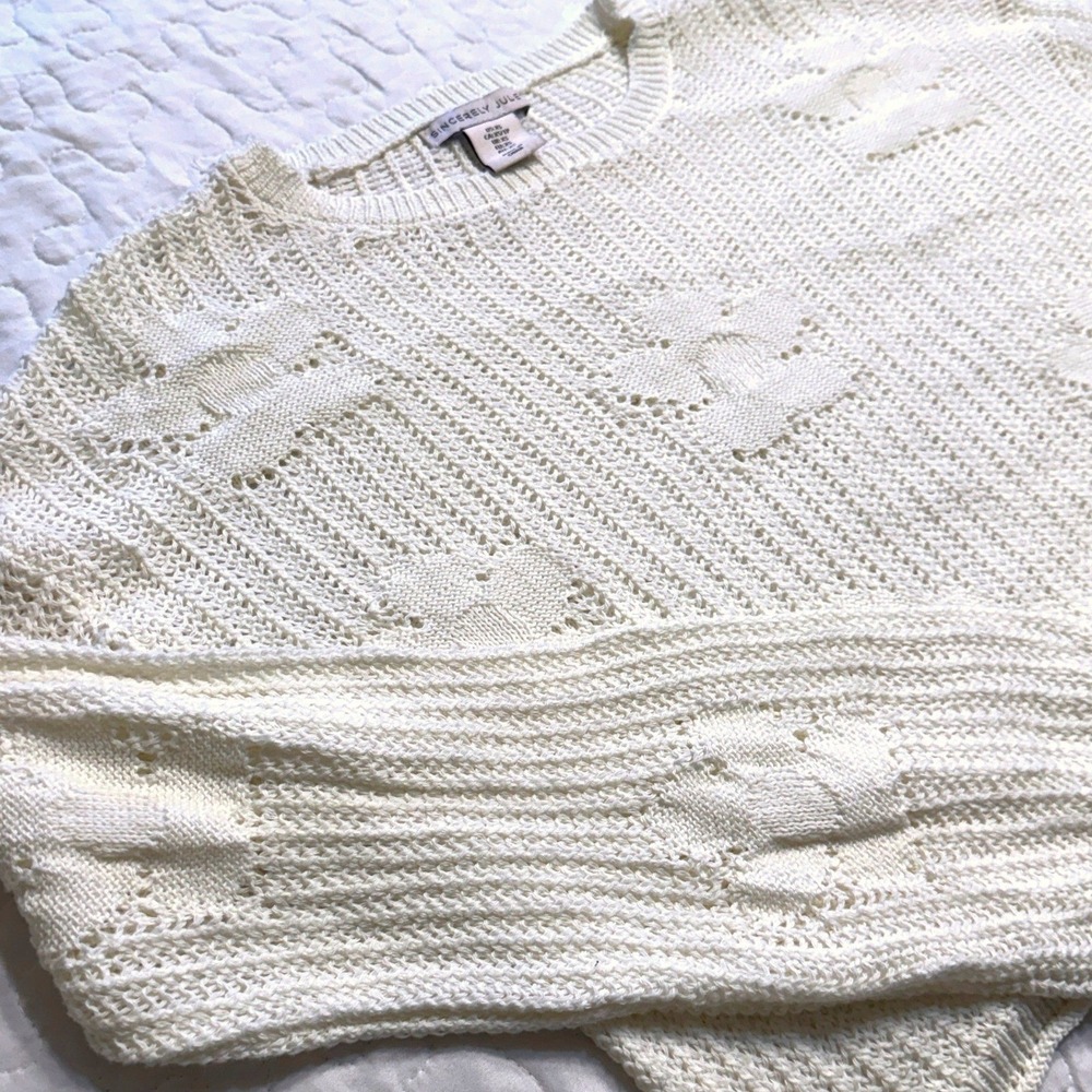 Sincerely Jules Women XS Sweater Cream Floral POINTELLE OPEN KNIT BOHO COASTAL
